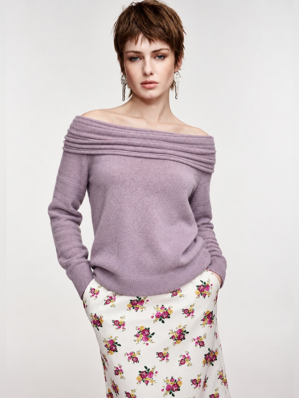 Naadam Cashmere Wool Off The Shoulder Ribbed Knit Sweater Mauve S